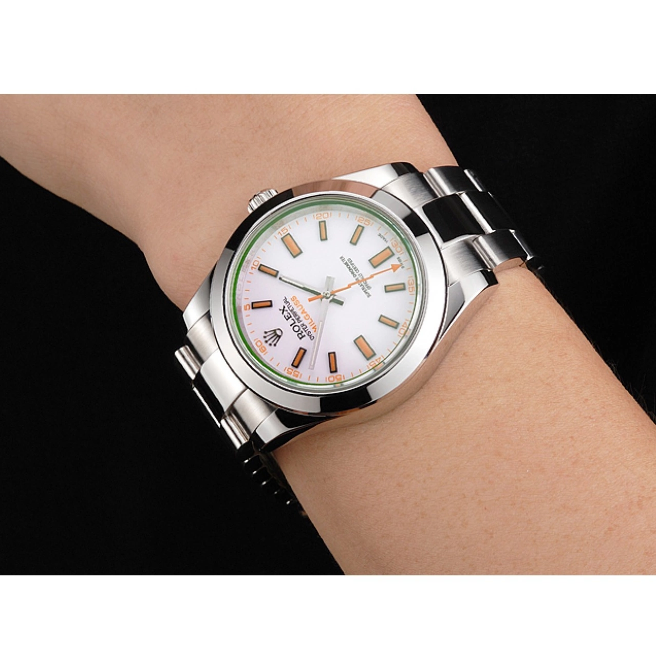 Aaa replica watch Milgauss Steel Markings Swiss Stainless Bracelet Case White Orange Dial And Rolex 0715